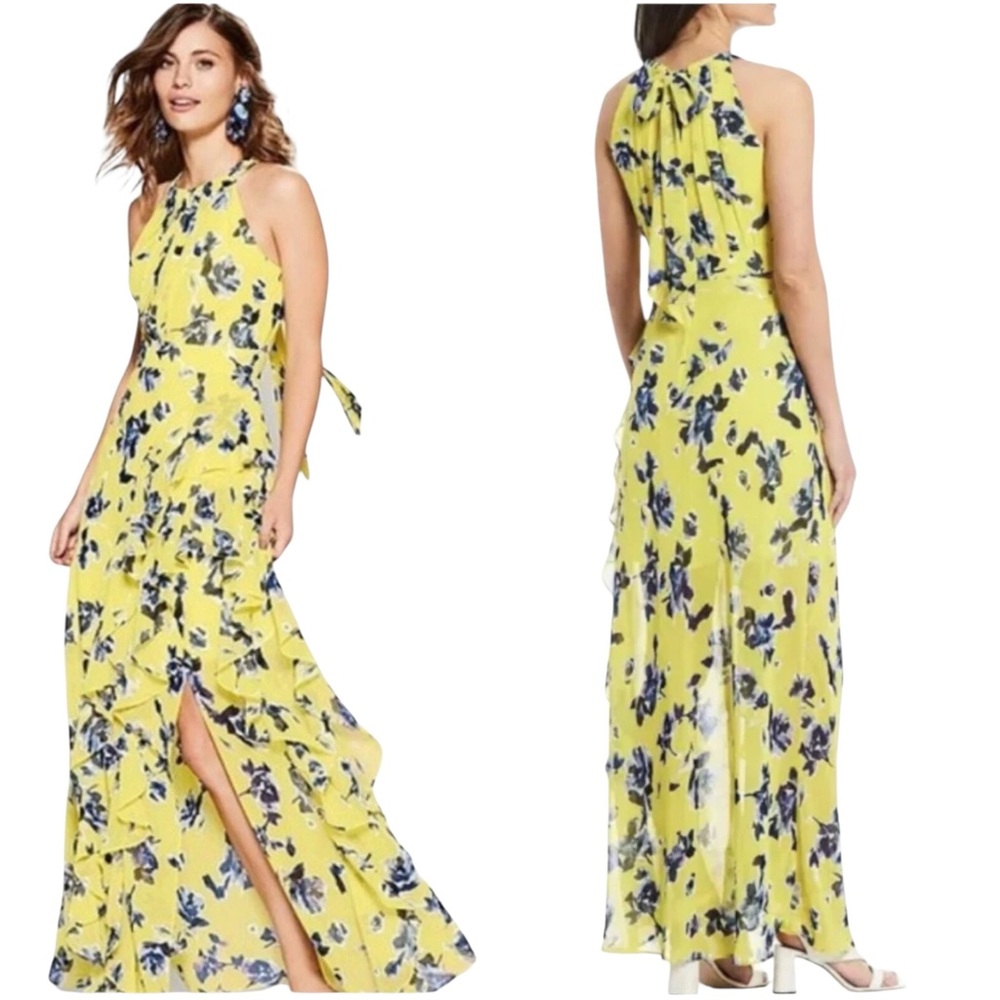 EUC Eliza J Halter Ruffle Maxi Dress in Bright Yellow with Navy Blue Florals